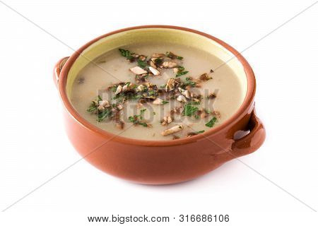Homemade Mushroom Soup Isolated On White Background