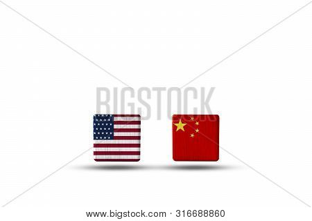 Usa And China Flag Print Screen On Cubic With White Background.it Is Symbol Of Economic Tariffs Trad