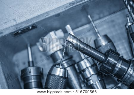 The Various Type Of Cnc Machine Cutting Tools In The Container Box. The Indexable   Flat Endmill  To