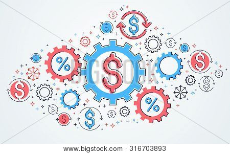 Economy System And Business Concept, Gears And Cogs Mechanism With Dollar Signs And Icon Set, Allego