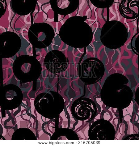 A Seamless Vector Pattern With Stylized Black Roses And Tangled Purple Striped Background. Surface P