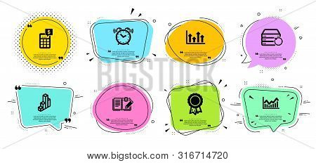 Recovery Server, Alarm Clock And Infochart Line Icons Set. Chat Bubbles With Quotes. Calculator, 3d 