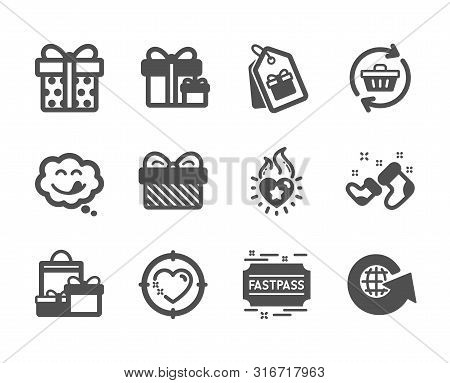 Set Of Holidays Icons, Such As Surprise Package, Gift, Refresh Cart, Gift Box, World Globe, Shopping