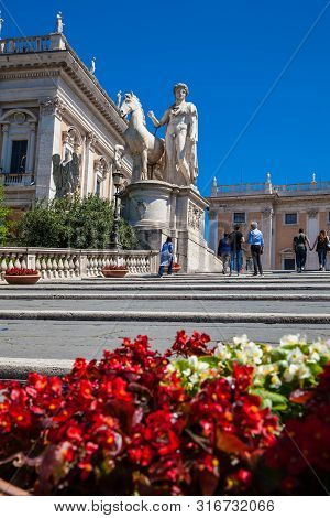 Rome, Italy - April, 2018: Tourists Visiting The Capitoline Hill And The Palazzo Senatorio