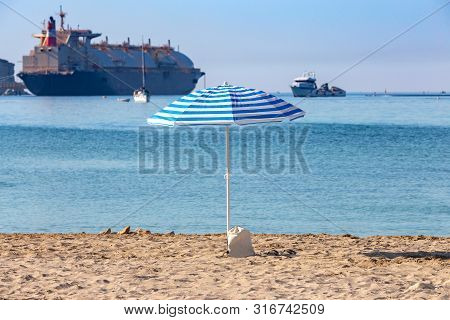 Huge Tanker Gas Carrier At The Berth Of A Power Station On The Island Malta. Marsaxlokk.