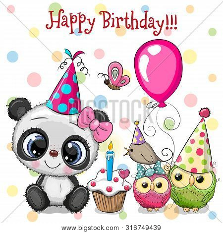 Birthday Card With Cute Panda And Owls With Balloon And Bonnets