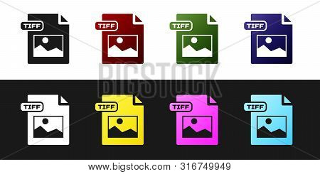 Set Tiff File Document. Download Tiff Button Icon Isolated On Black And White Background. Tiff File 