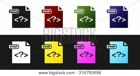 Set Php File Document. Download Php Button Icon Isolated On Black And White Background. Php File Sym