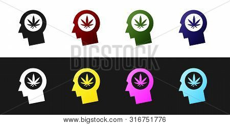 Set Silhouette Of Male Head In Profile With Marijuana Or Cannabis Leaf Icon Isolated On Black And Wh