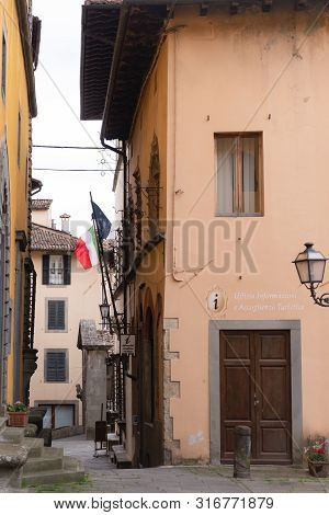 The Town Of Barga. Italy. Summer 2019. Street In The Central Part Of The Historic Center. Tourist In