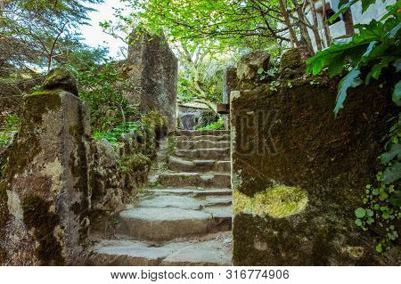 Stone Stairs Covered Moss In Capuchin Monastery In Sintra, Portugal