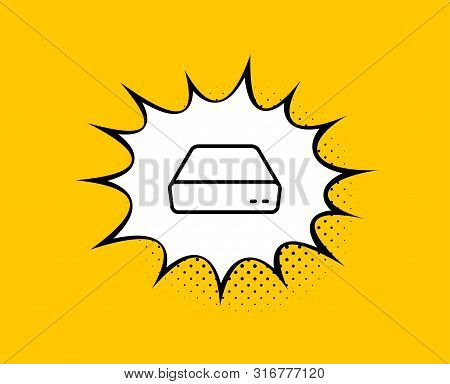 Mini Pc Line Icon. Comic Speech Bubble. Small Computer Device Sign. Yellow Background With Chat Bubb