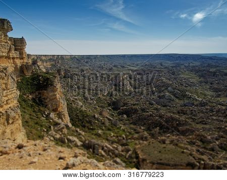 Collapsed Land Near The Caspian Sea. 
Mangyshlak Peninsula. Kazakhstan 2019. Expedition Site Tourist