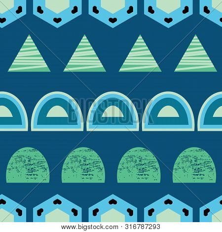 Blue And Green Organic Circular Shapes And Triangles On Blue Background Seamless Pattern.