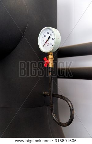 The Equipment Of The Boiler-house, - Valves, Tubes, Pressure Gauges, Thermometer. Close Up Of Manome