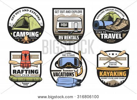 Mountain Camping, Summer Vacation Adventure And Travel, Rafting And Kayaking Sport Club Vector Icons