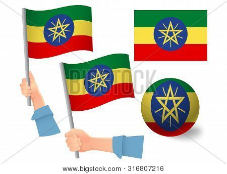 Ethiopia Flag In Hand Set. Ball Flag. National Flag Of Ethiopia Illustration