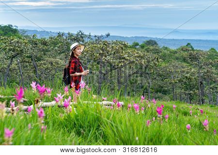 Woman Traveler With Backpack Enjoying At Krachiew Flower Field, Thailand. Travel Concept.