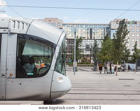 Lyon, France - July 14, 2019: Tram Waiting To Leave The Tram Stop Of Lyon Part Dieu Train Station. I
