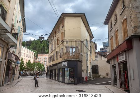 Bourgoin-jallieu, France - July 17, 2019: Place Du 23 Aout 1944 Square, A Pedestrian Square With Caf