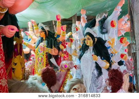 Kolkata, West Bengal, India - 7th October 2018 : Clay Idol Face Of Goddess Durga, With White Dress F