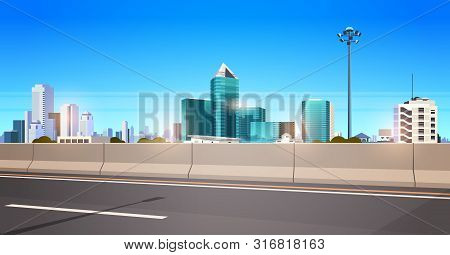 Highway Asphalt Road With Chipper City Skyline Modern Skyscrapers Cityscape Background Flat Horizont