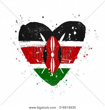 Kenyan Flag In The Form Of A Big Heart. Vector Illustration On A White Background. Brush Strokes Are