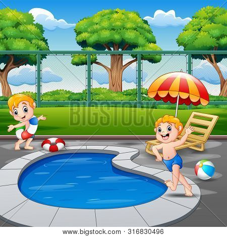 Two Boys Running On Pool Edge In Backyard