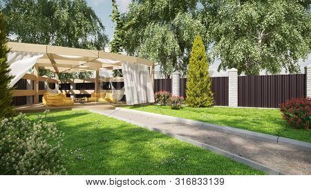 3d rendering of the pergola and chill zone of the stead