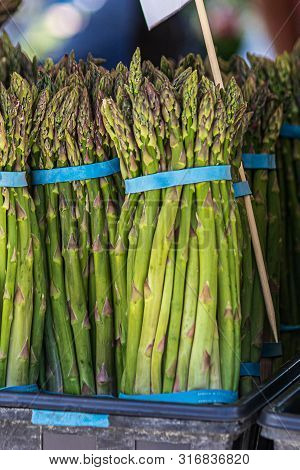 Large Bundles Of Freshly Harvested Asperagus From Local Farms In A Stand In A Market