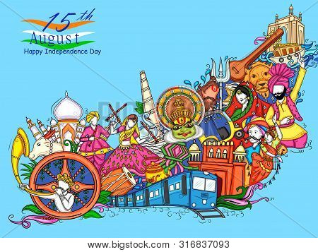 Vector Design Of Indian Collage Illustration Showing Culture, Tradition And Festival On Happy Indepe