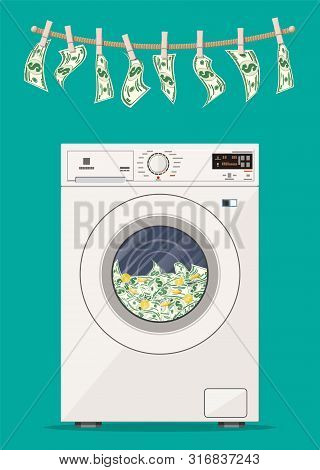 Washing Machine Full Of Dollars Banknotes. Laundering Of Money In Washer. Dirty Money. Hidden Wages,