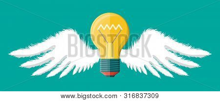 Light Idea Bulb With Wings. Concept Of Creative Idea Or Inspiration. Flying Glass Bulb With Spiral I