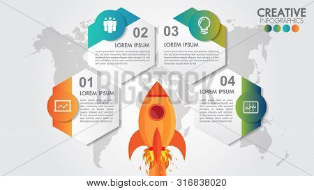 Startup Vector Circle Infographics With 4 Options Rocket Launch And Styled World Map.spaceship Takin