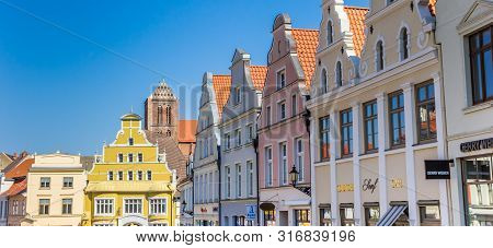 Wismar, Germany - April 19, 2019: Panorama Of Colorful Facades In Historic City Wismar, Germany