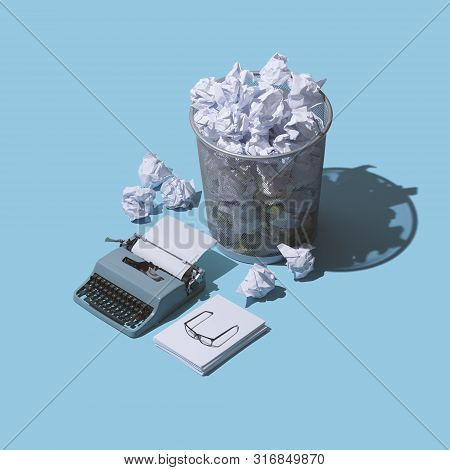 Fear Or The Blank Page And Lack Of Creativity: Vintage Typewriter With Blank Sheet And Lots Of Crump