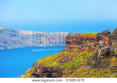 Santorini, Greece Spring Panorama Of Volcanic Island With Skaros Rocks Near Oia Village
