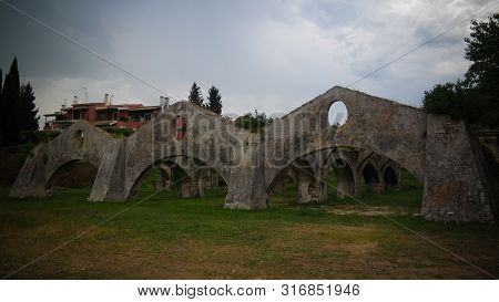 Panorama Of Venetian Arsenal And Shipyard In Gouvia At Corfu, Greece
