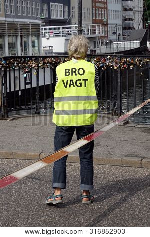 Copenhagen, Denmark - July 20, 2019: Danish Bridge Guard (danish: Bro Vagt) Securing The Entrance To