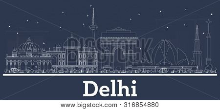 Outline Delhi India City Skyline with White Buildings. Business Travel and Tourism Concept with Modern Architecture. Delhi Cityscape with Landmarks.