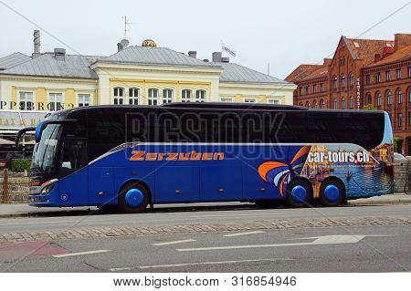 Malmo, Sweden - July 22, 2019: Zerzuben Touristik Bus Parked By The Side Of The Road. Nobody In The 