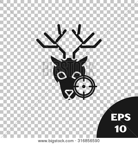 Black Hunt On Deer With Crosshairs Icon Isolated On Transparent Background. Hunting Club Logo With D