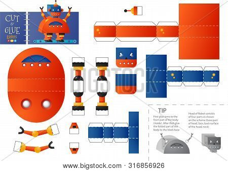 Cut And Glue Robot Toy Vector Illustration. Paper Craft And Educational Worksheet With Funny Robotic