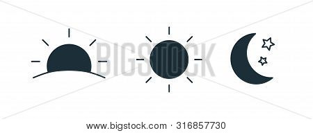 Bundle Of Black Silhouettes Of Rising Or Setting Sun, Crescent Moon And Stars. Collection Of Day And