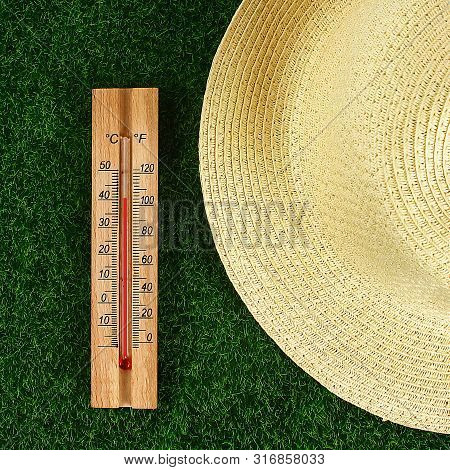 Thermometer Displaying High 40 Degree Hot Temperatures In Sun Summer Day. Temperature 40. Summer Tem