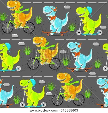 Dinosaur Teens Ride A Bike, Scooter, Skateboard. Funny Cartoon Characters. Seamless Pattern. Asphalt