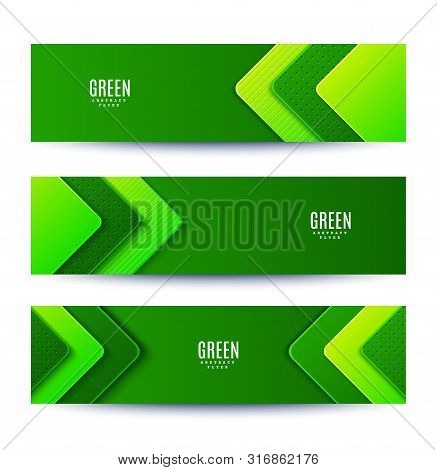 Abstract Three Green Banners With Layered Angle Shapes. Vector Flyers Minimalist Paper Cut Geometric