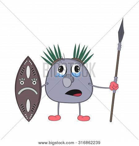 Funny Cartoon Aborigine Puk Stands With A Spear And Shield And Cries.