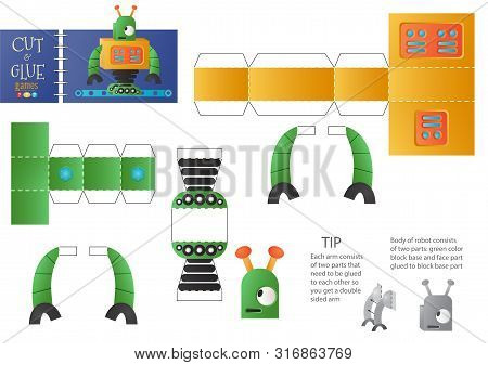 Cut And Glue Robot Toy Vector Illustration. Paper Craft And Diy Riddle With Funny Robotic Character 