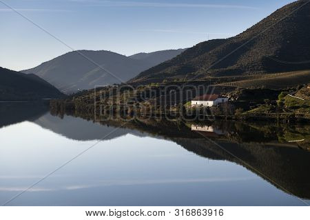 Scenic View Of The Douro River With Terraced Vineyards Near The Village Of Foz Coa, In Portugal; Con
